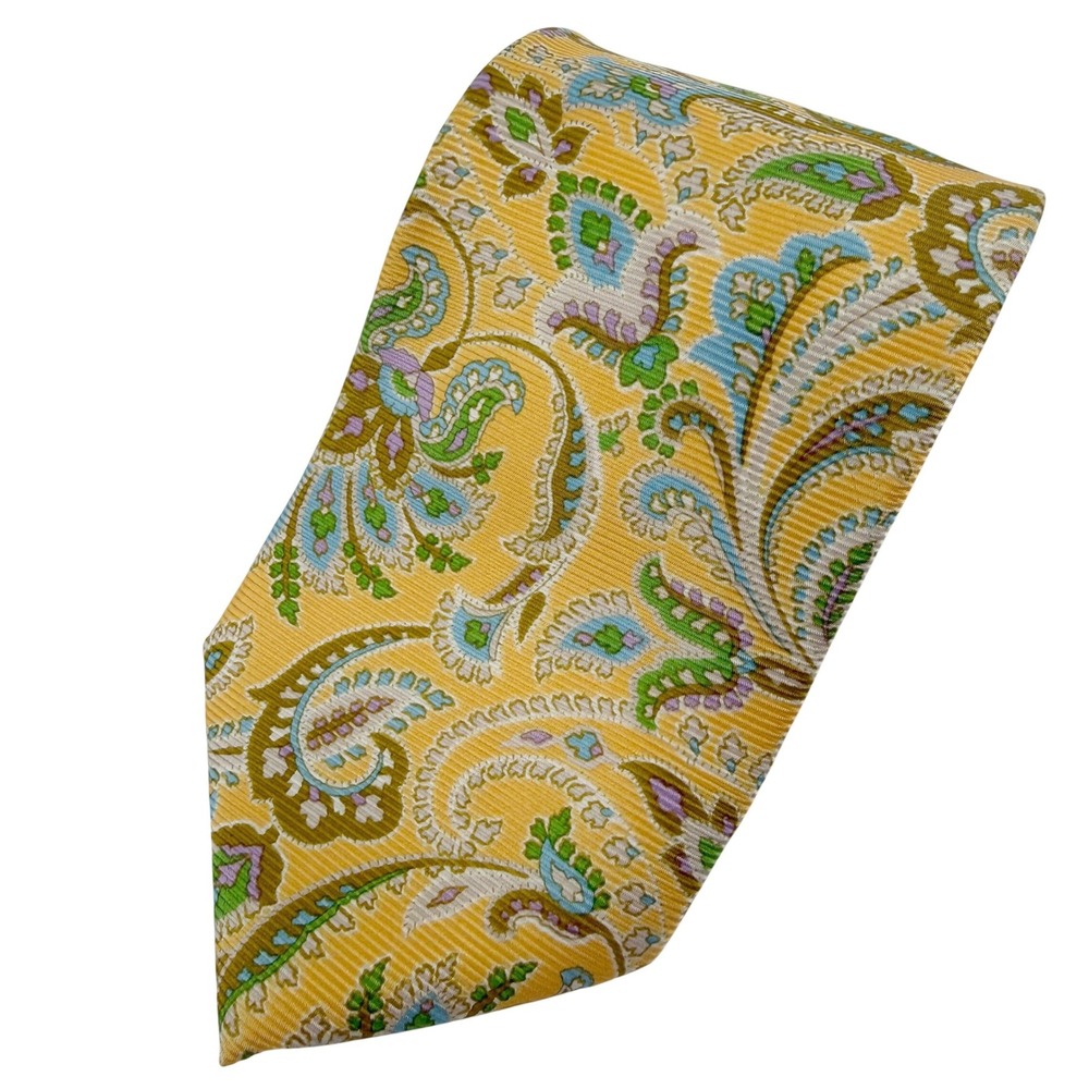Lands End‎ LONG Mens Silk Paisley Tie Yellow Blue Green Classic